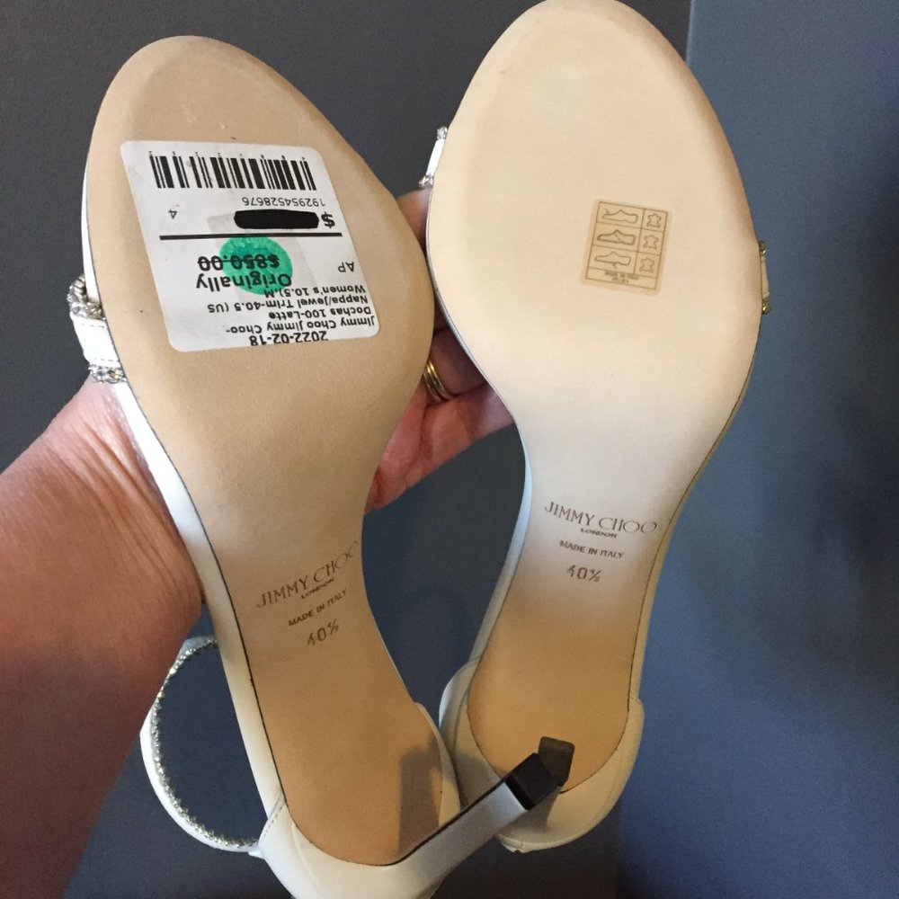 Jimmy Choo Dochas Size 40.5 Latte Leather with Jewel Trim Bridal Sandals Heels - Picture 12 of 15